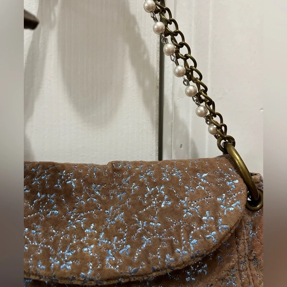 GAP Velvet Shoulder Bag with Pearl & Chain Strap Y2K